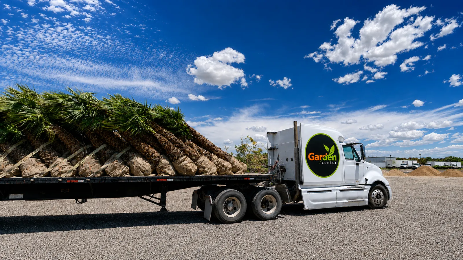 Garden Center of Las Cruces delivery truck loaded with palm trees for bulk plant delivery in Las Cruces, NM Garden Center of Las Cruces delivery truck loaded with palm trees for bulk plant delivery in Las Cruces, NM